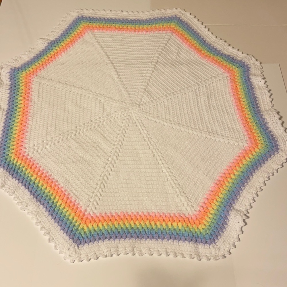 Handmade Crocheted Octagon Baby Afghan White w/ Rainbow Border